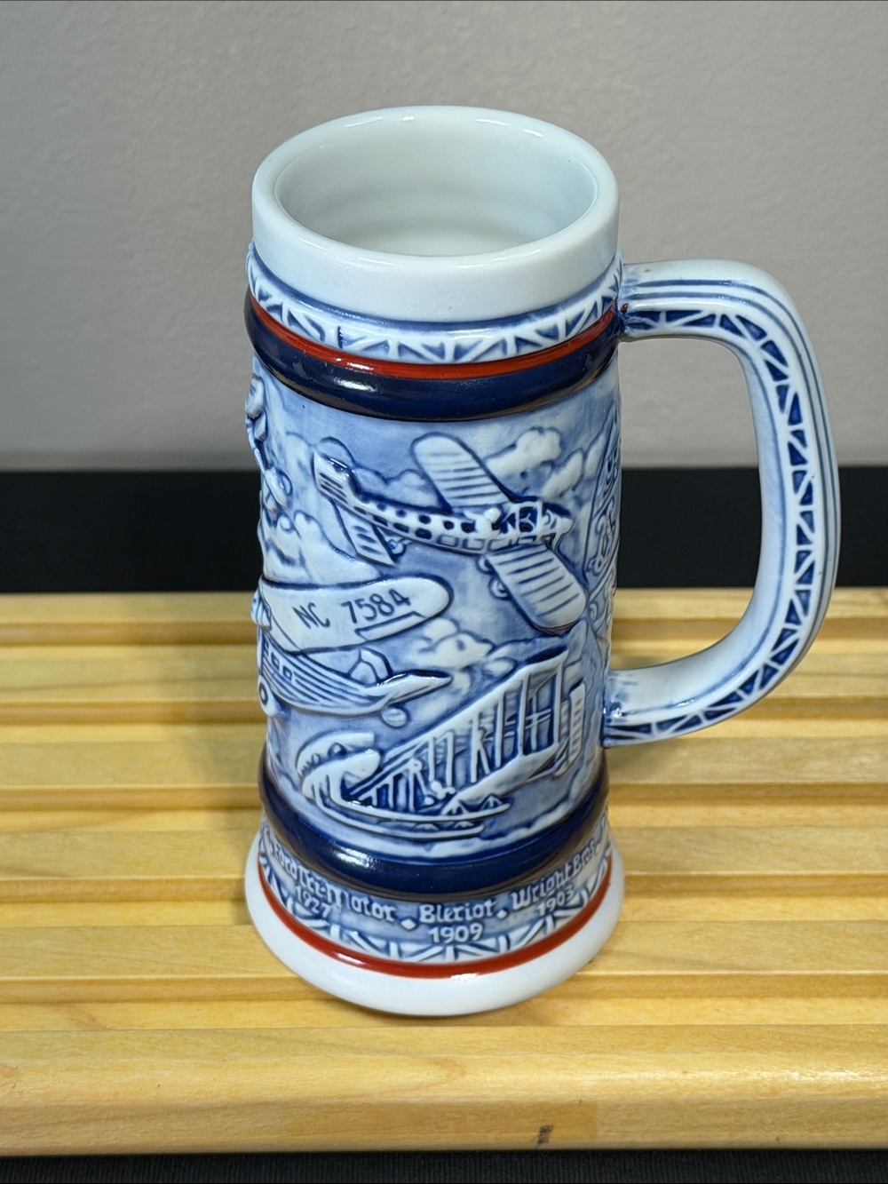 Avon Vintage Blue and White Ceramic Airplane Stein - Decorative Beer Mug